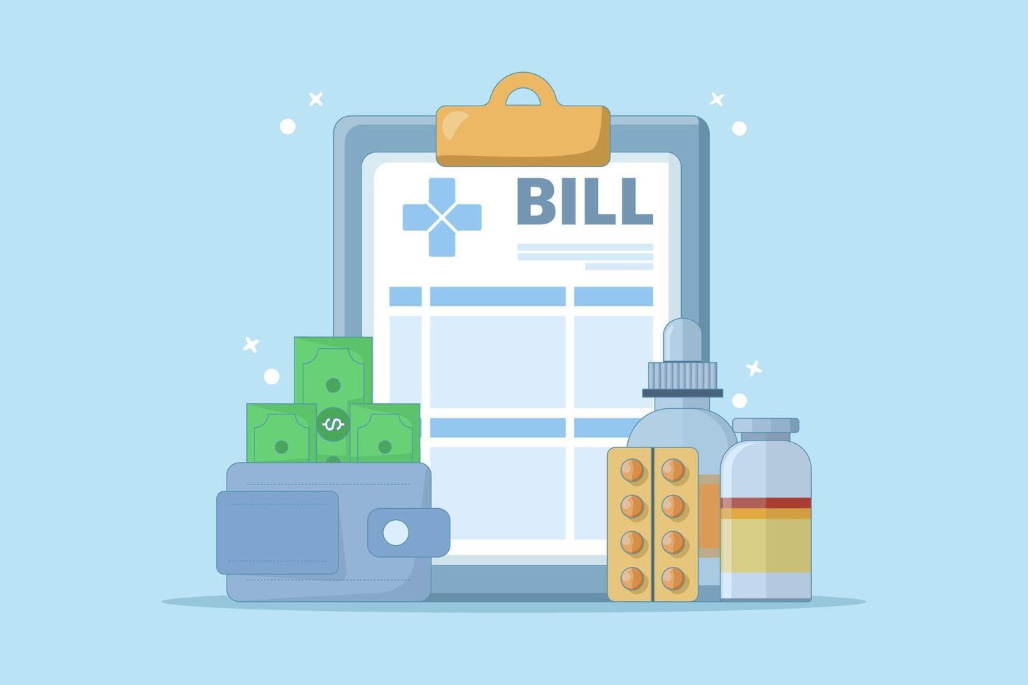 Hospital bill concept, invoice service fee, money wallet, medicine bottle or pills. Hospital Medical Billing Service with Health Form for Hospitalization or Treatment. cartoon design illustration. vector
