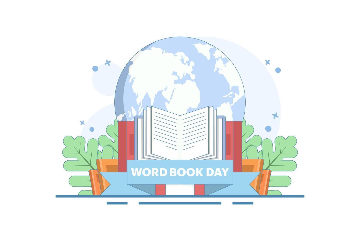 world book day concept. fond of reading books. illustration of stack of books, leaves. knowledge and hobby. happy reader reading book with flat style design. elements. cartoon design illustration. vector