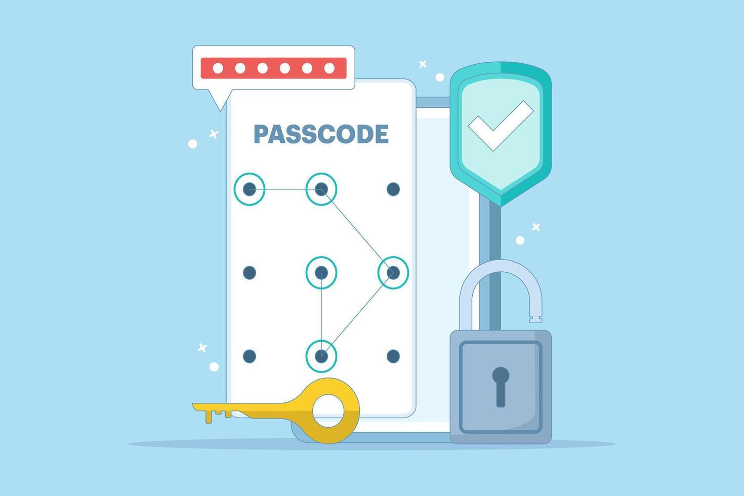 Lock screen concept set input passcode on smartphone screen with password protection padlock. Data protection, internet security and cyber security. Flat design illustration on background. vector