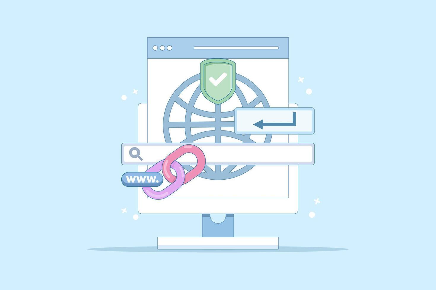 secure link concept. secure website address. user security in accessing websites. surfing the internet safely. browsing. chain symbol and search bar. flat minimalist illustration in the background. vector