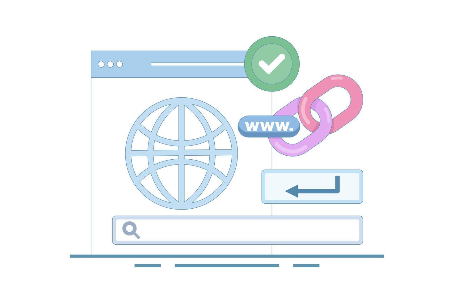 secure link concept. secure website address. user security in accessing website. surfing the internet safely. browsing. chain symbol and search bar. flat style design illustration in background. vector