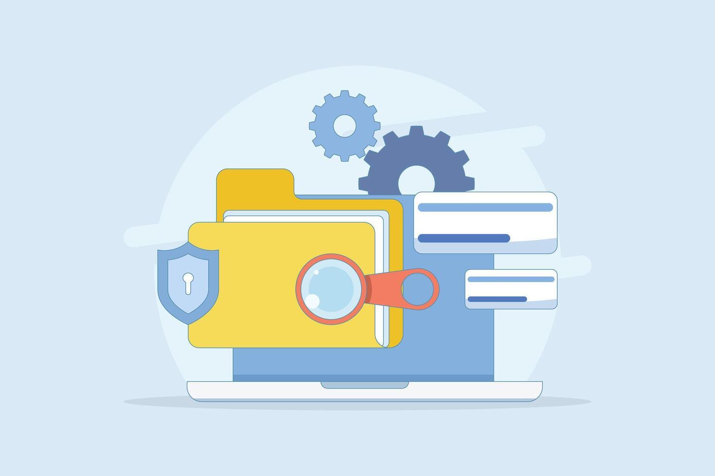 File manager concept. Manage, edit, search and organize files. Document security and protection technology. Folder, shield, magnifying glass, gear. Flat design illustration on background. vector