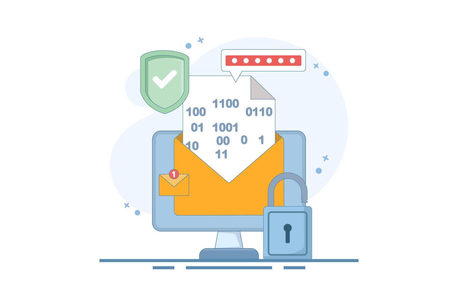 Email password encryption message concept, secure chat and secret message, security and protection for communication, protective padlock notification number for website. flat design illustration. vector