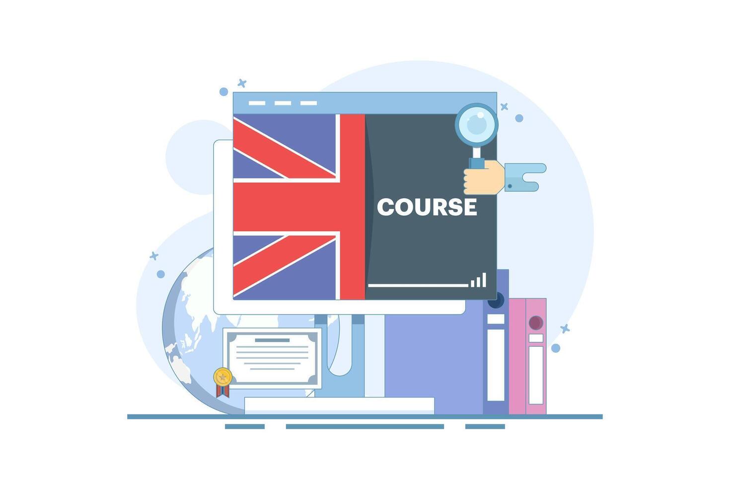 Concept of online English education courses, e-learning and distance learning, foreign language lessons education on the internet, digital marketing. Flat cartoon illustration on the background. vector