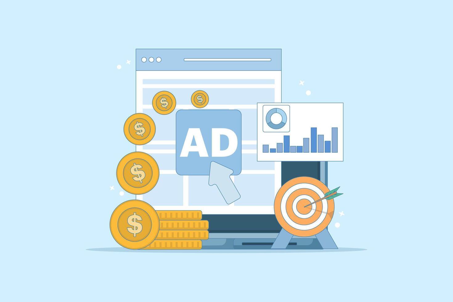 pay per click concept. online advertising where advertisers pay each time their ads are clicked. click to earn money. computer monitor with cursor, coins and debit card. flat illustration. vector