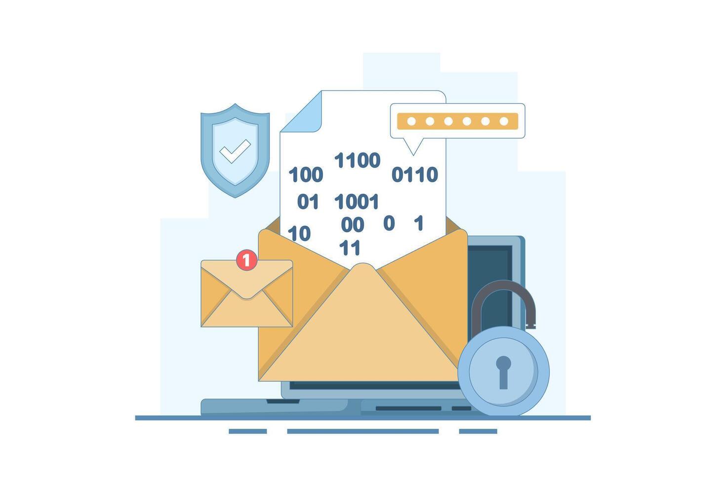 Email password encryption message concept, secure chat and secret message, security and protection for communication, protective padlock notification number for website. cartoon design illustration. vector