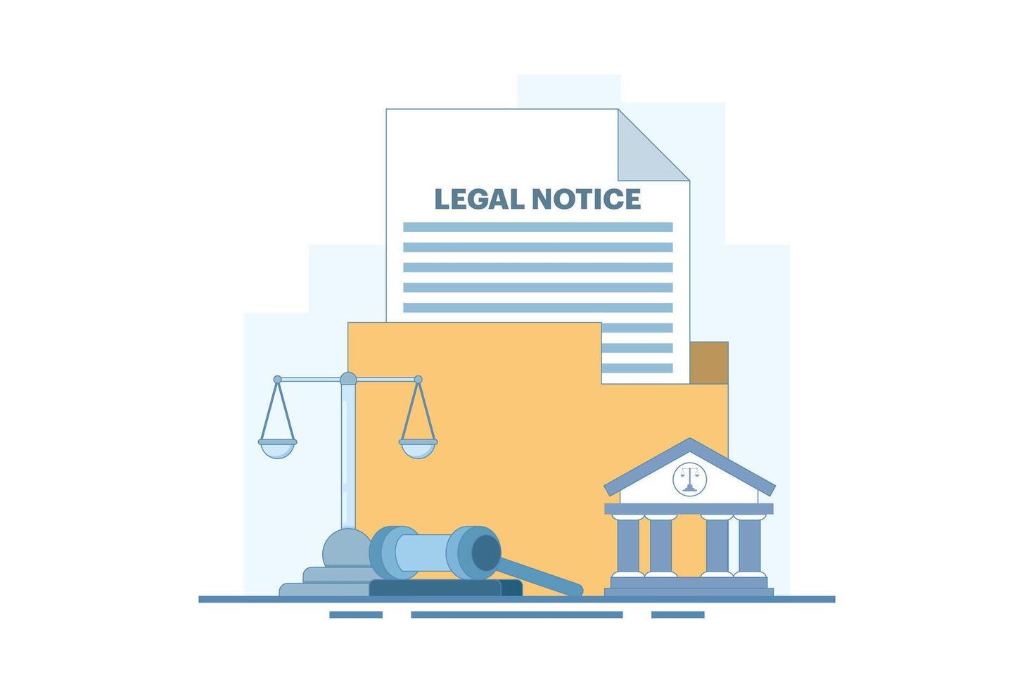 Legal Notice Concept. Legal Notice Document with Judge's Hammer. Corporate document, agreement review, data protection metaphor. Flat cartoon design illustration on Background. vector
