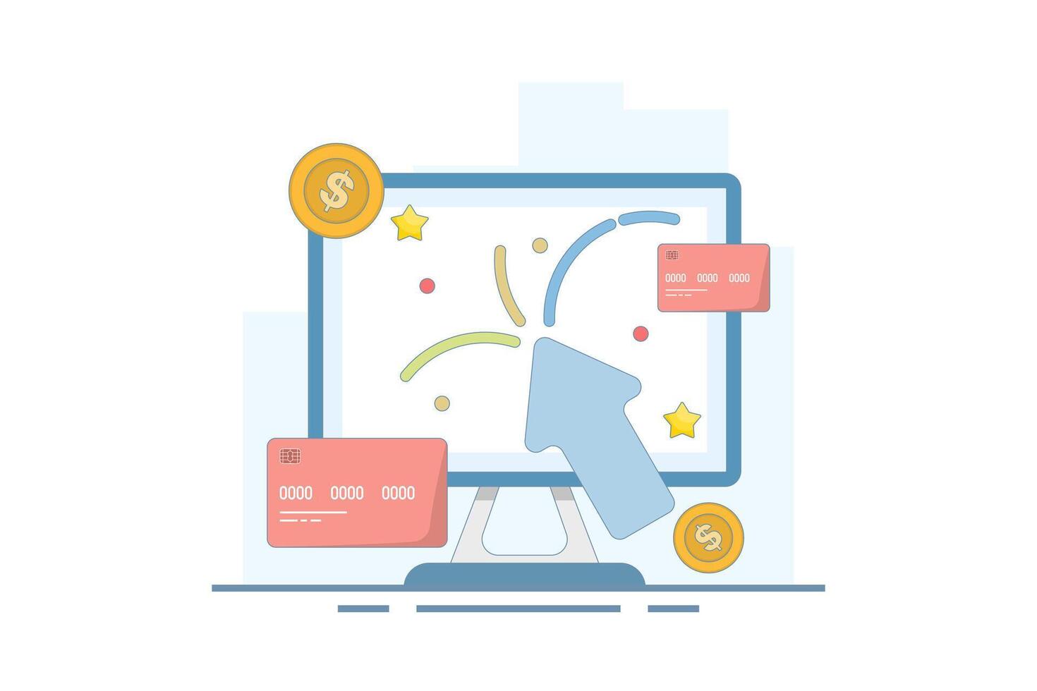 pay per click concept. online advertising where advertisers pay each time their ads are clicked. click to earn money. computer monitor with cursor, coins and debit card. design illustration. vector