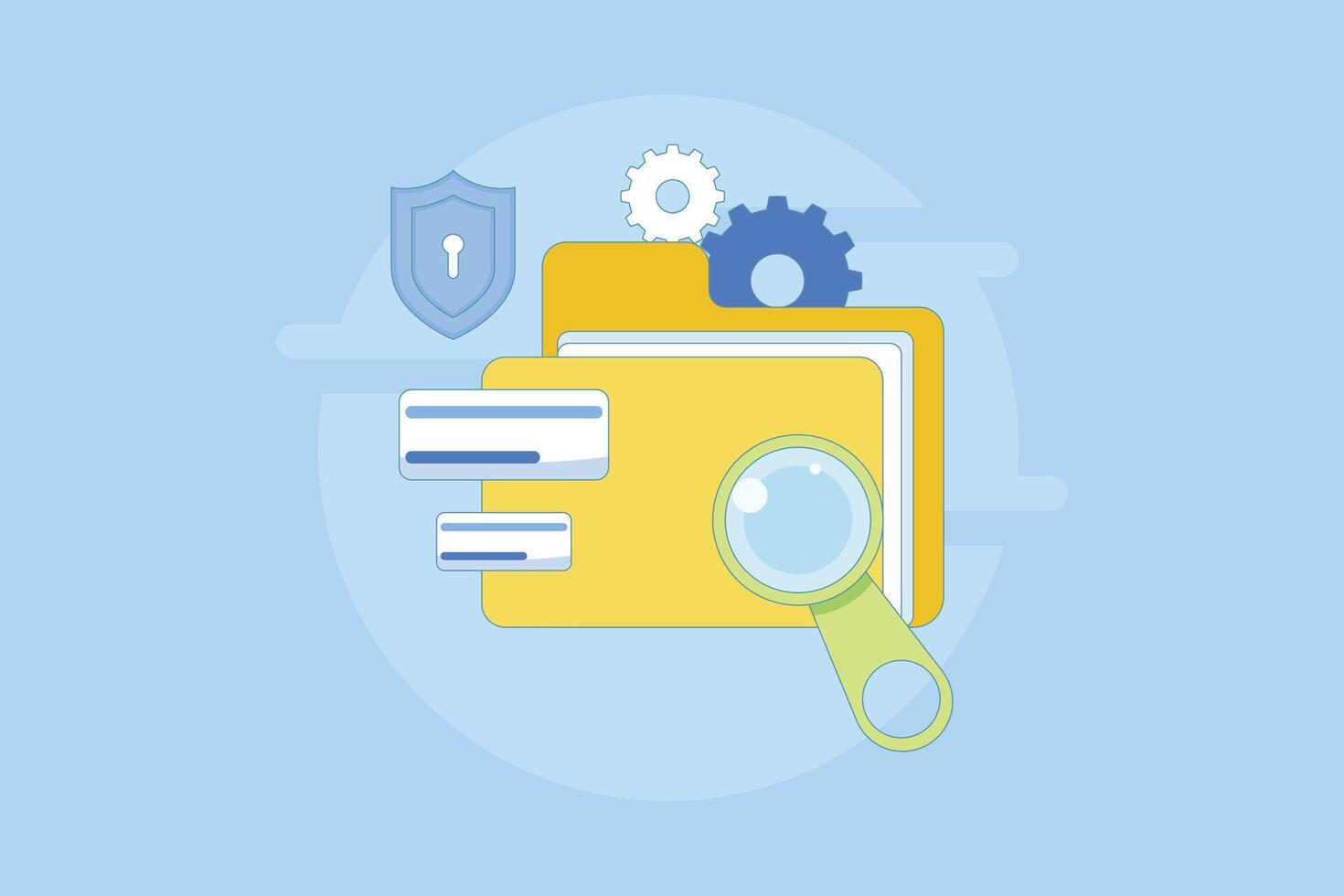 File manager concept. Manage, edit, search and organize files. Document security and protection technology. Folder, shield, magnifying glass, gear. Graphic element design illustration. vector