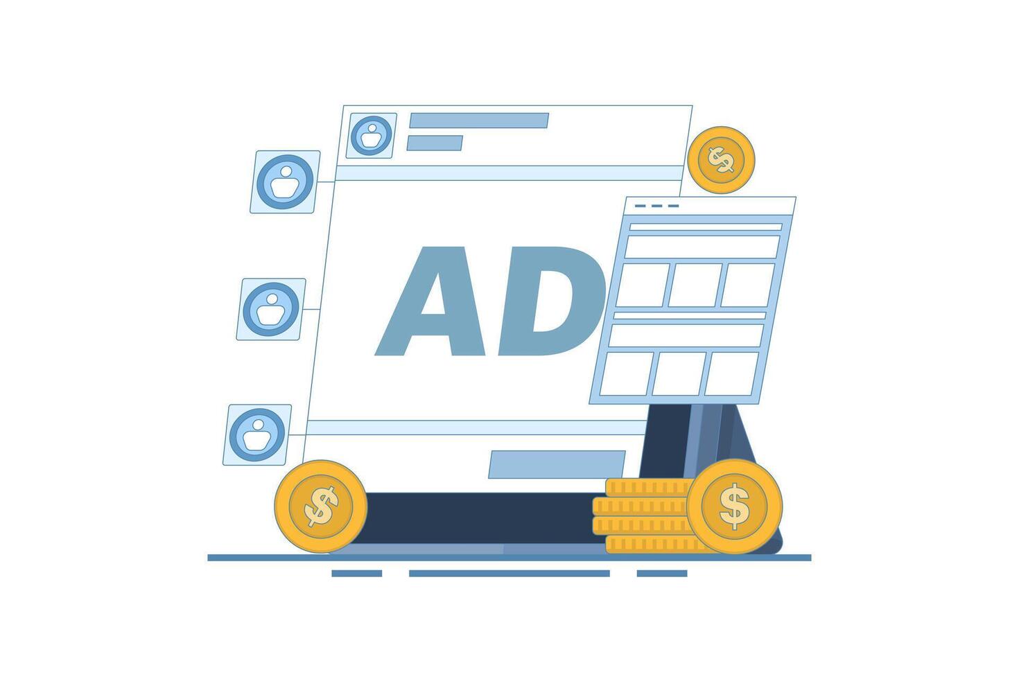 Social media advertising concept sending traffic to website, social media web traffic campaign, social media ads generate sales. Digital advertising campaign. Cartoon design illustration on background vector