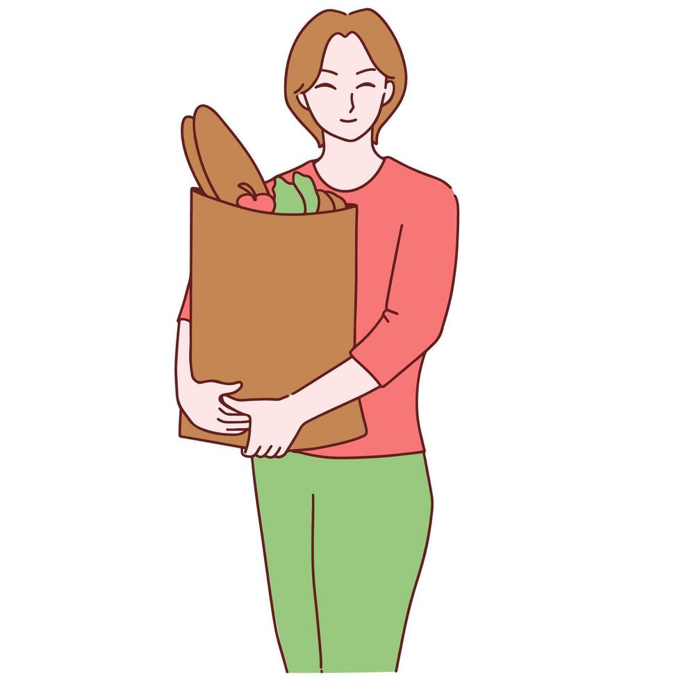 A woman holding a bag of groceries vector