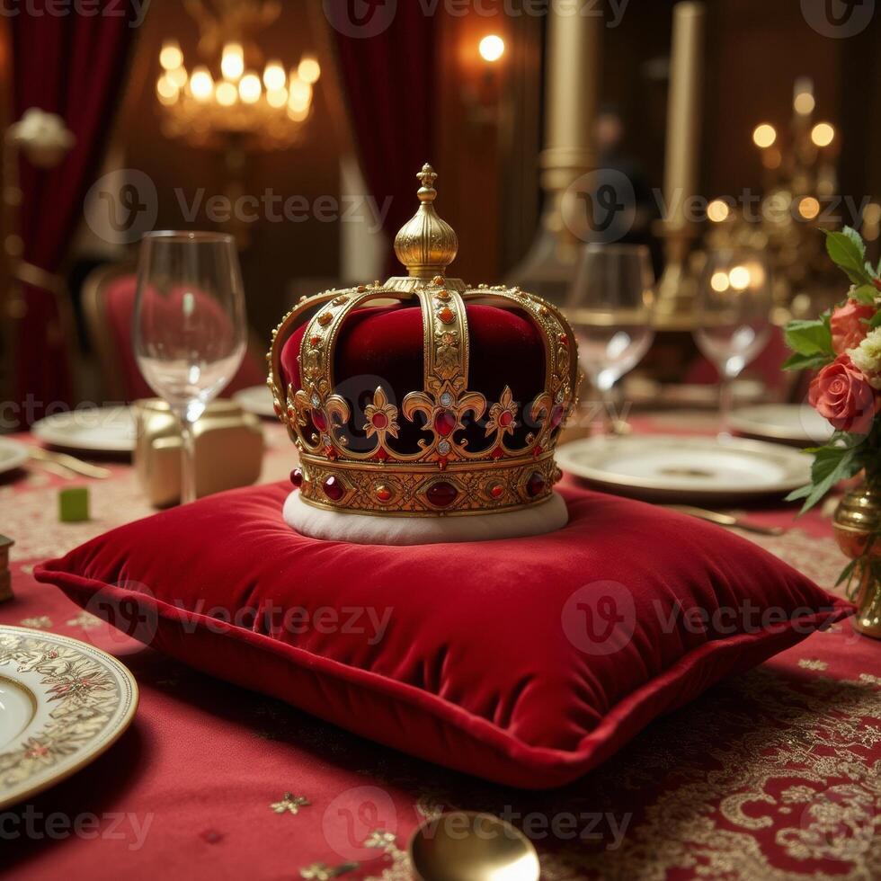 Elegant composition of a royal crown on a cushion for royalty concepts photo