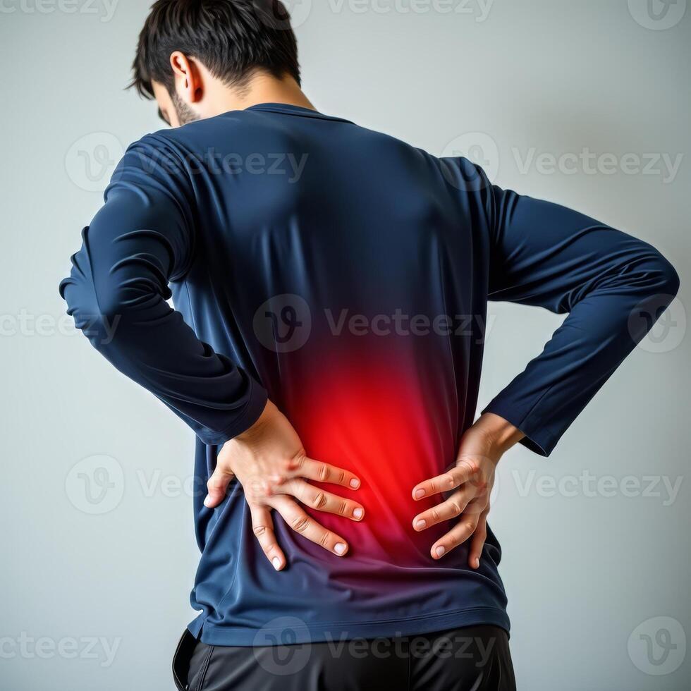 Man experiencing intense lower back pain, highlighted in red, holds back photo