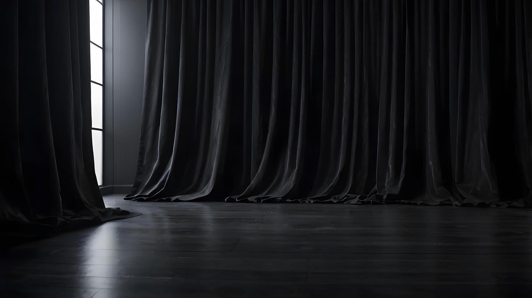Dramatic dark room with black curtains and shiny floor aesthetic shot photo
