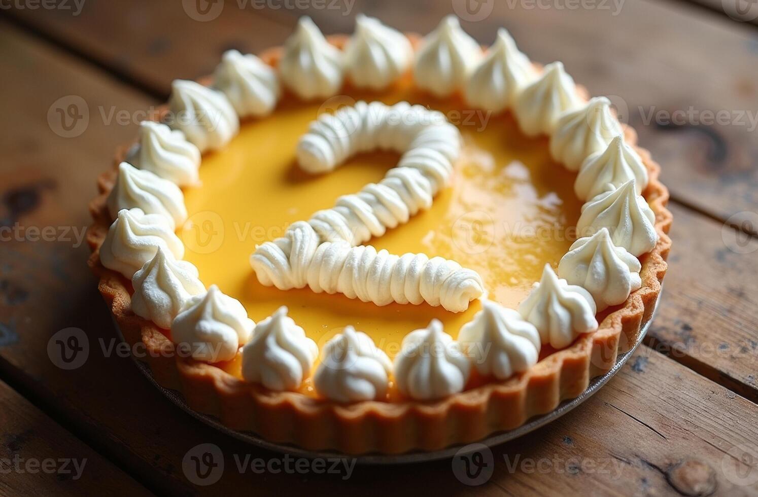 Delicious lemon tart with meringue topping and number two decoration on wooden table photo