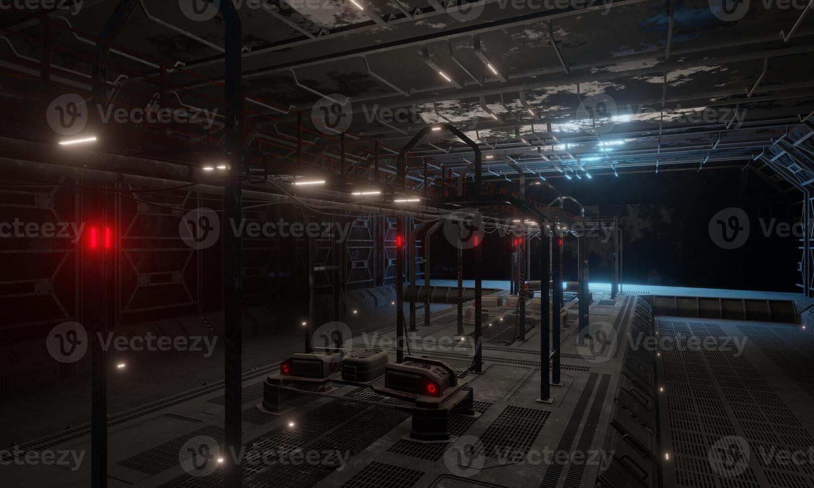 Science fiction military base interior in dark scene 3d rendering wallpaper background photo