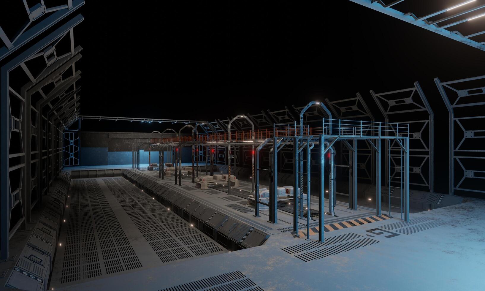 Side view military base architecture modular at night 3d rendering sci fi wallpaper background photo