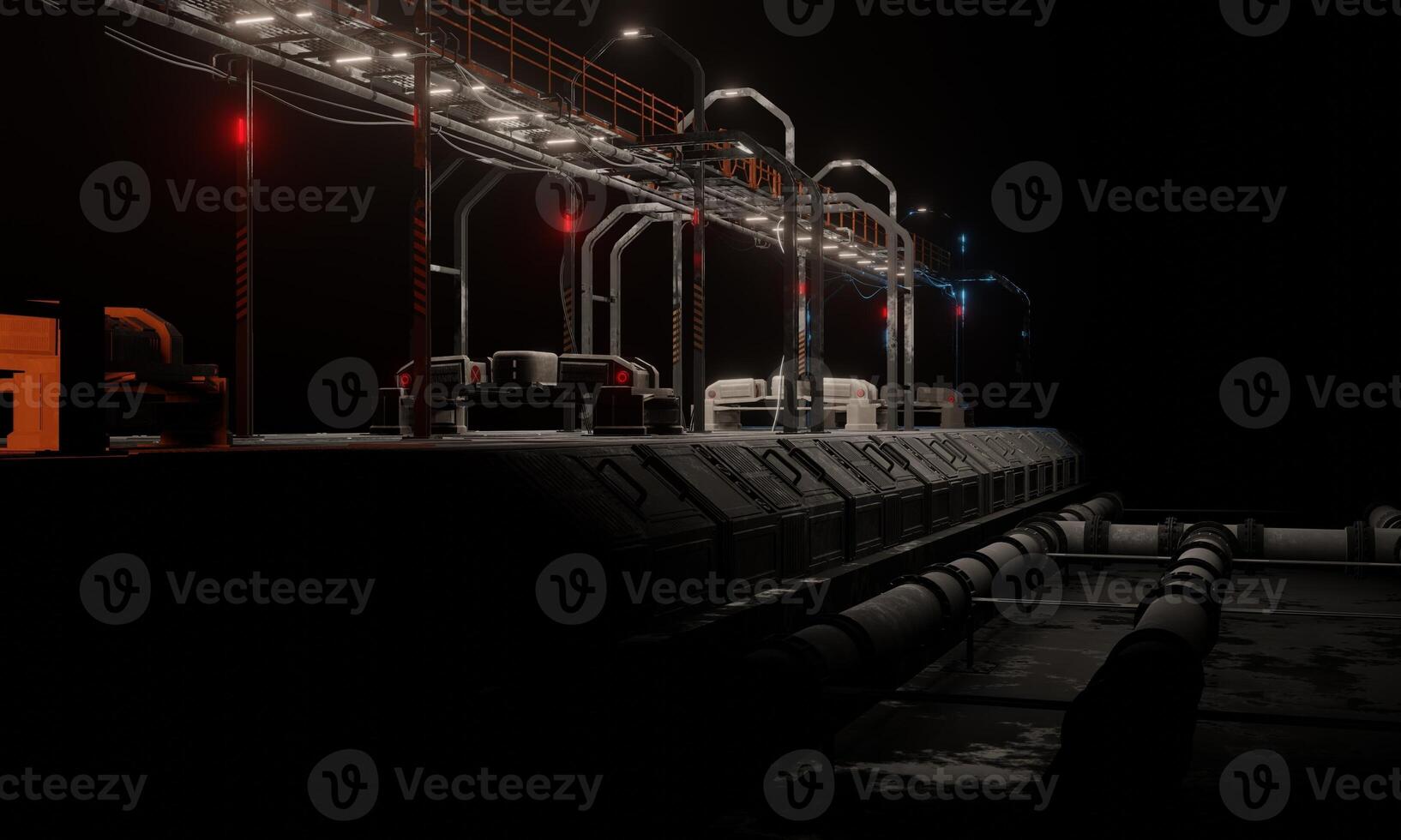 View of science fiction base of operations with pipe lines in dark scene photo