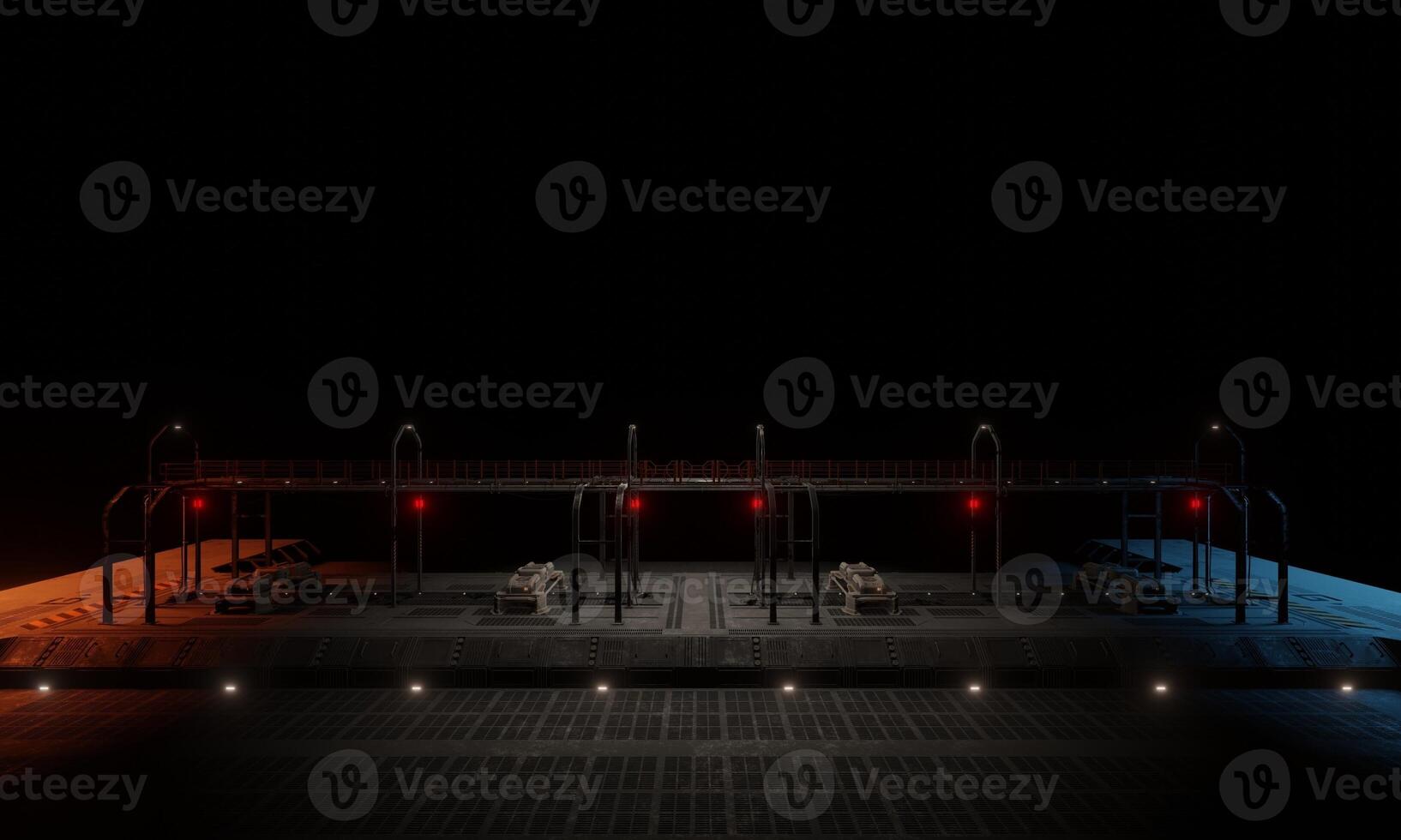 View of science fiction base of operations in dark scene 3d rendering wallpaper background photo