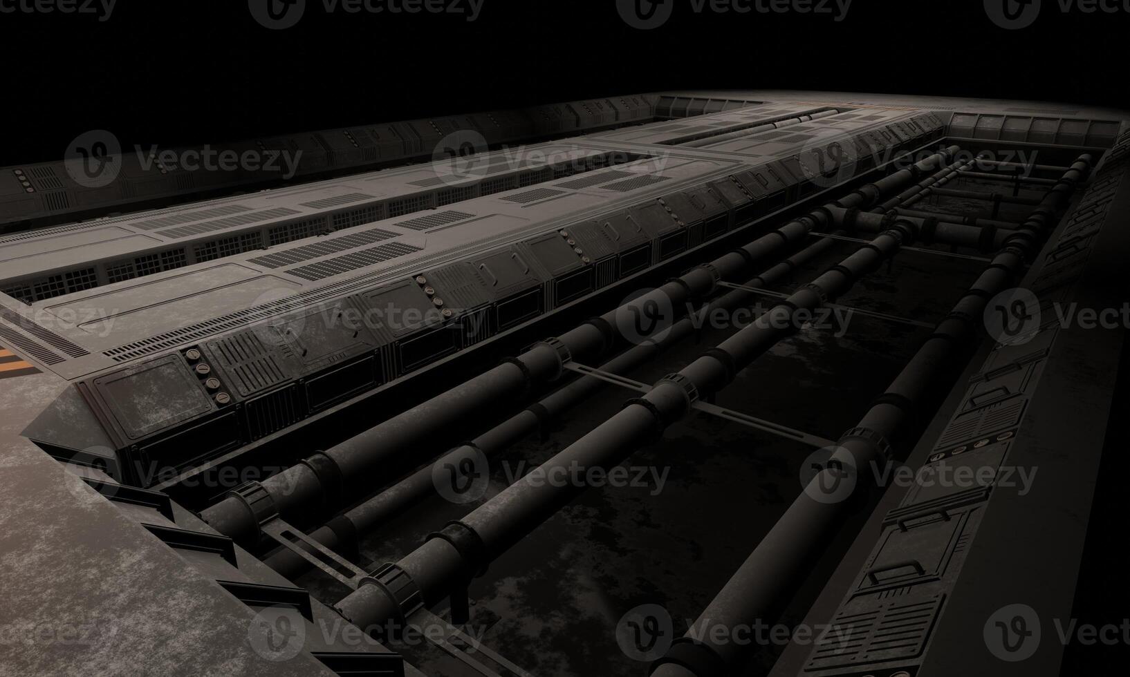 Military base of operations science fiction with pipelines under floor in dark scene photo