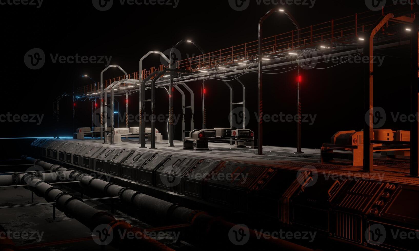Pipe lines under floor science fiction in dark scene 3d render wallpaper background photo