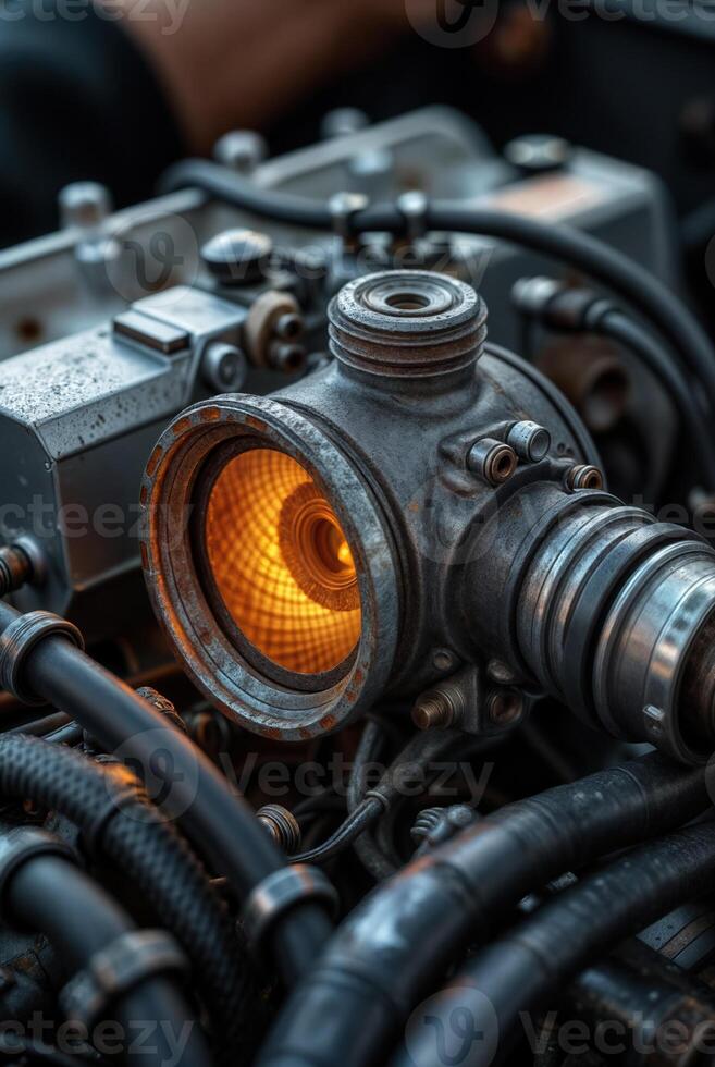 A close up of a car engine with a yellow light on the engine. The light is glowing and the engine is open. photo