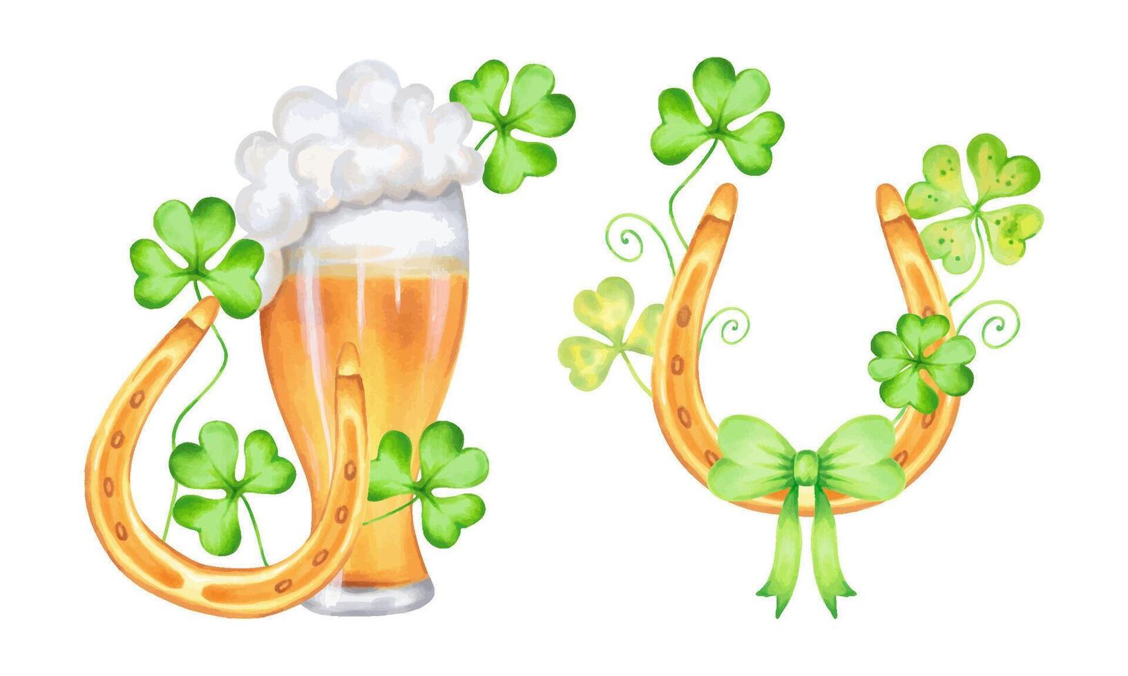 Golden horseshoe and glass of beer with clover leaves. Composition with symbol of St. Patrick's Day. Watercolor and marker illustration. Hand drawn isolated art. Elements of luck, wealth or success vector