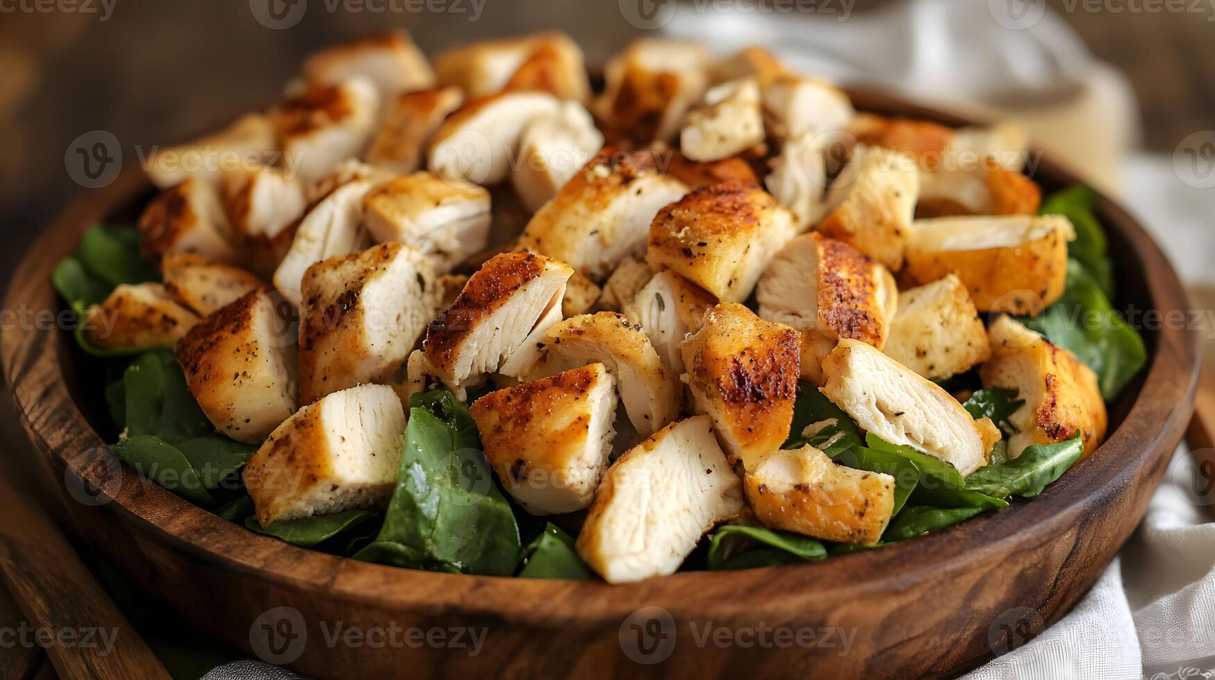 A bowl of chicken and spinach salad with a fork photo