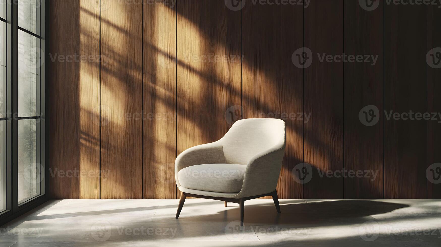 A chair in front of a wall with sunlight photo