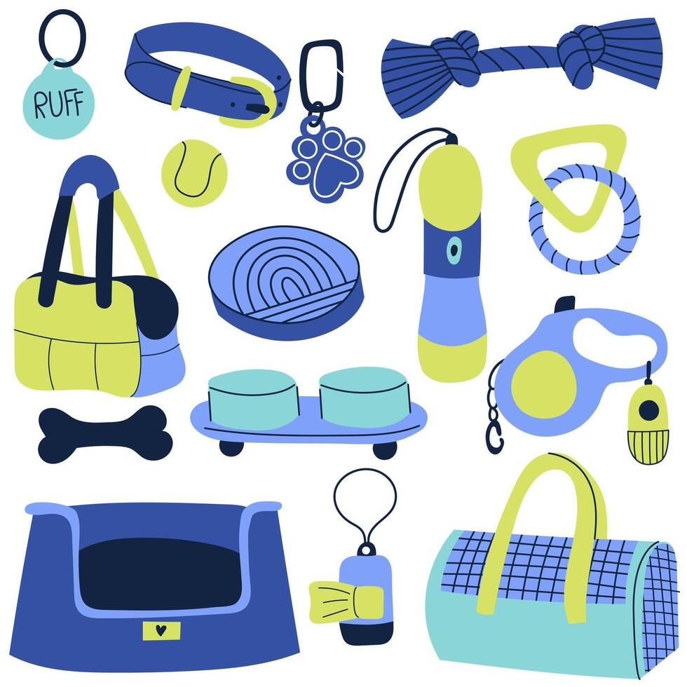 Various accessories and equipment for dogs. Pets goods, accessories set. Canine stuff, carriers, cage,care, bowl, toys. The concept of a pet shop or shop. vector