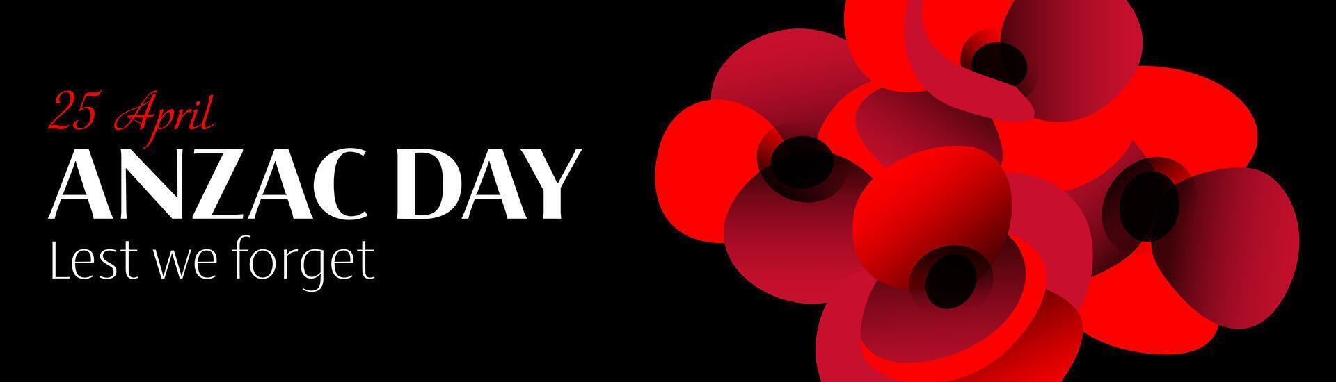 Anzac day horizontal banner with poppy flower composition on black vector