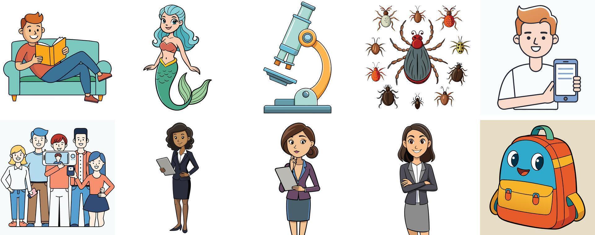 Collection of Diverse Cartoon Illustrations Featuring People Activities and Objects vector