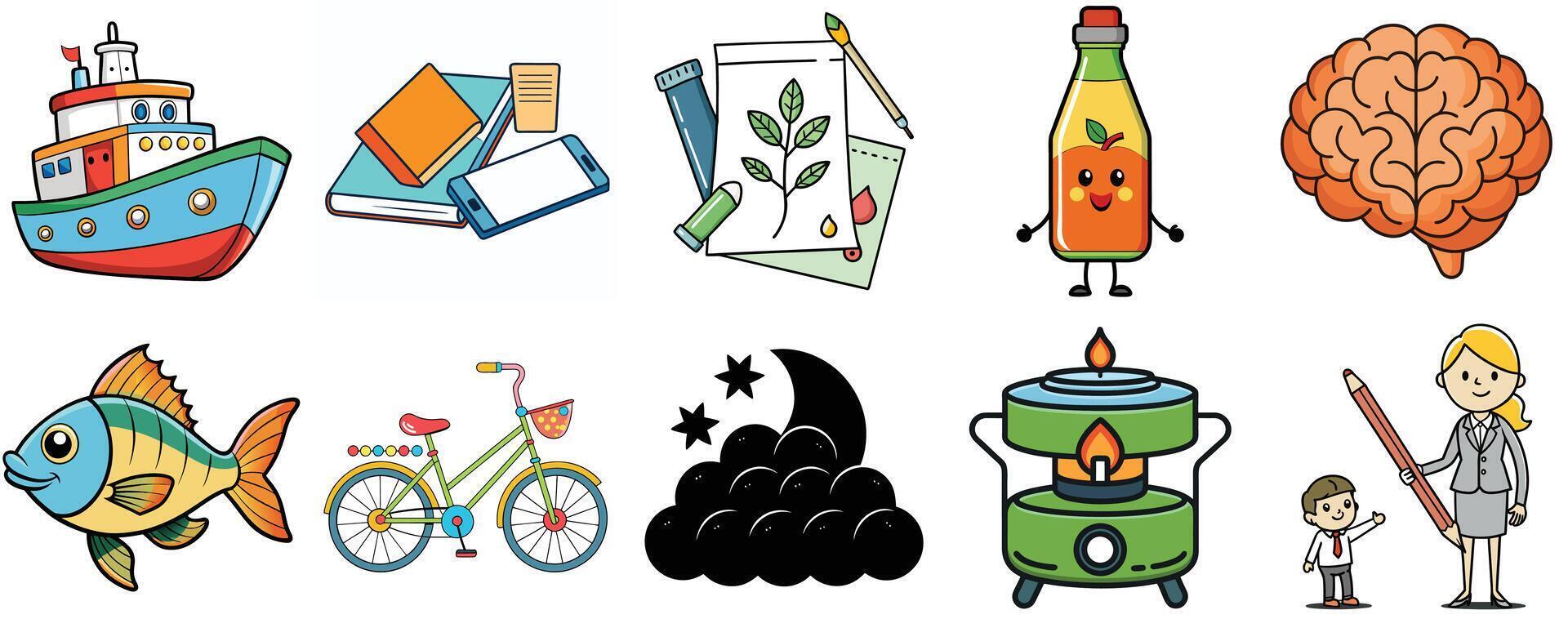 Colorful Illustrations of Various Objects and Characters Including a Boat, Fish, Bicycle, and More vector