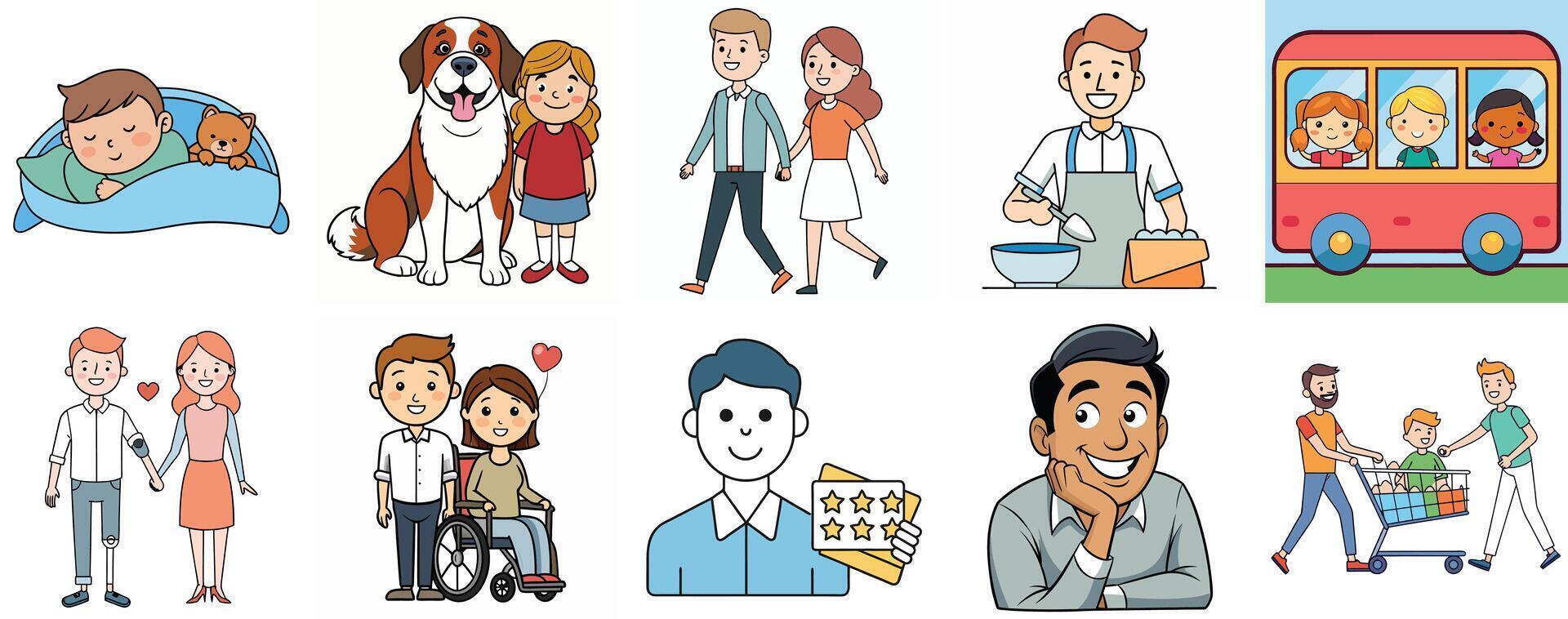 Diverse Illustrations of Happy Families Couples and Individuals Engaging in Various Activities vector