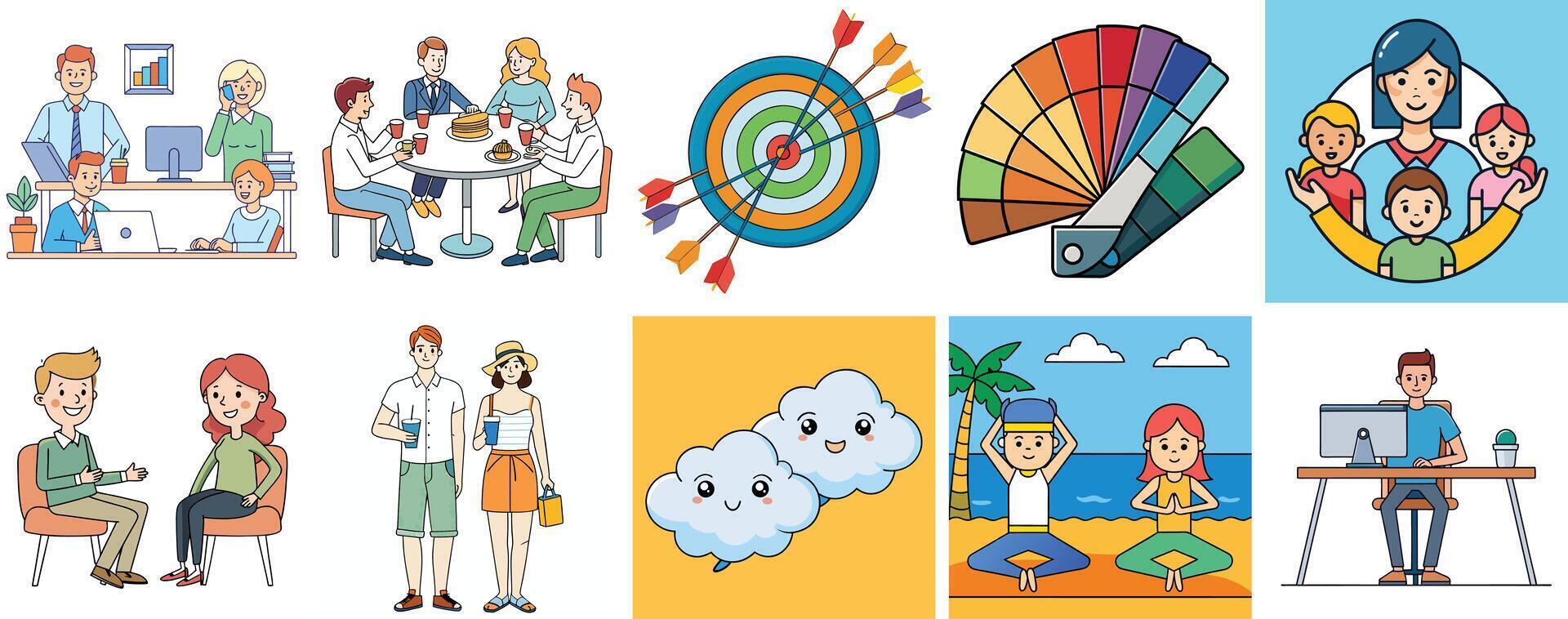 Diverse Illustrations of Teamwork Collaboration Family Life and Relaxation vector
