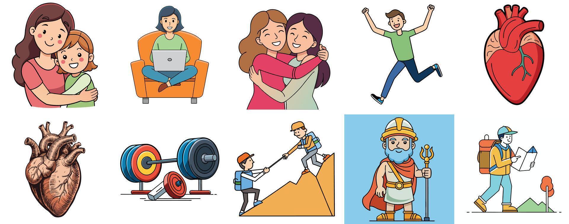 A Collection of Diverse Illustrations Featuring Family Love, Technology, Friendship, Health, Strength, Teamwork, Mythology, and Adventure vector