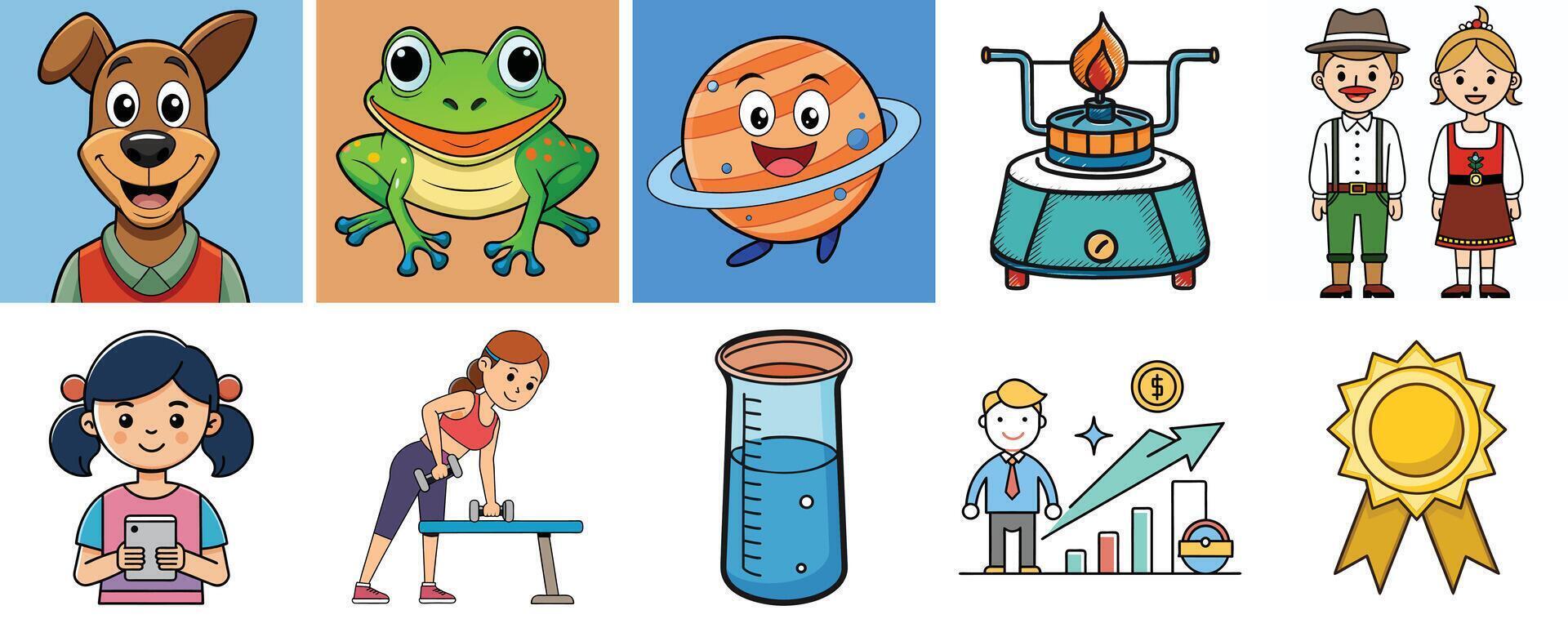 Collection of Cute Cartoon Illustrations Featuring Animals Plants People and Objects vector