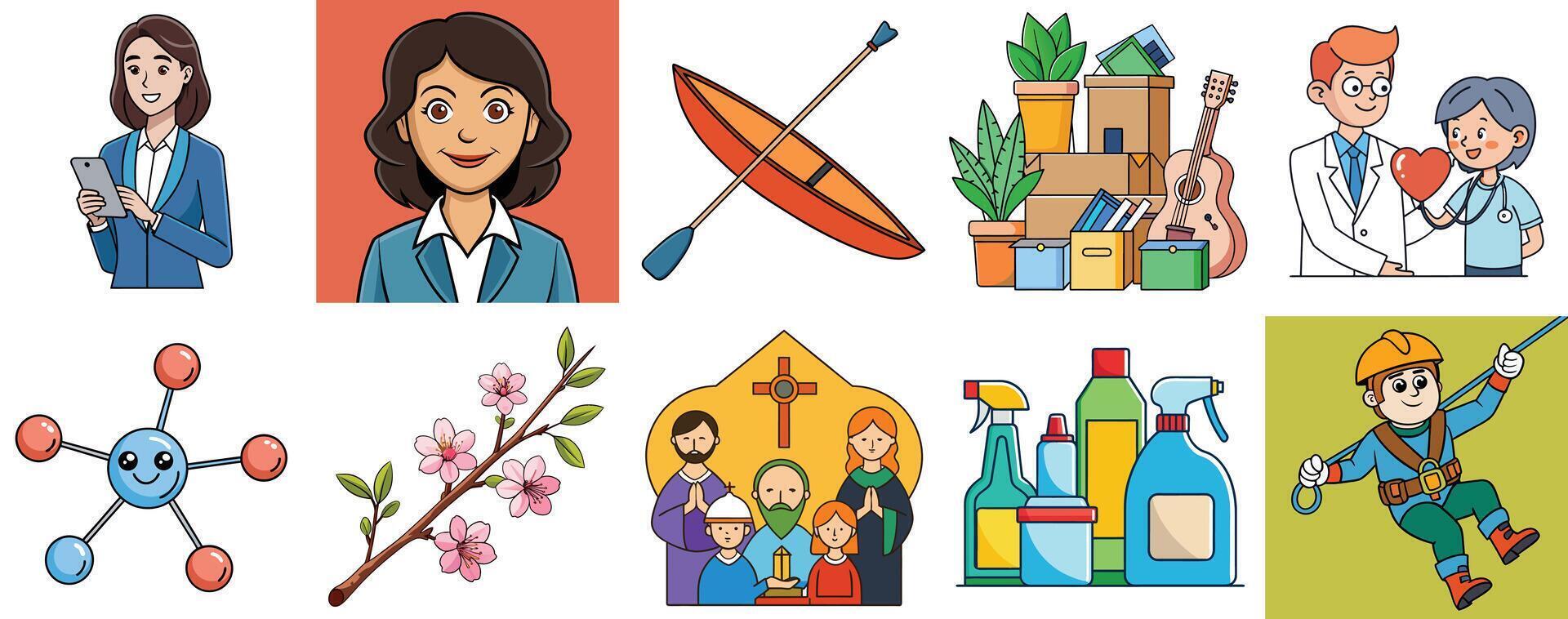 Diverse Illustrations of People Professions Activities and Objects vector