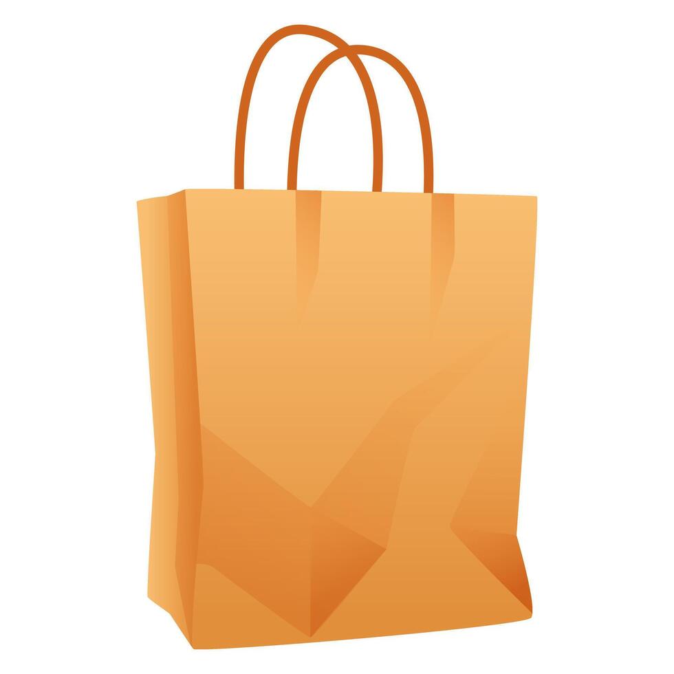 Crumpled paper bag, craft shopping bag with handles. Eco-friendly biodegradable kraft packaging without plastic. Flat illustration isolated on white background. vector