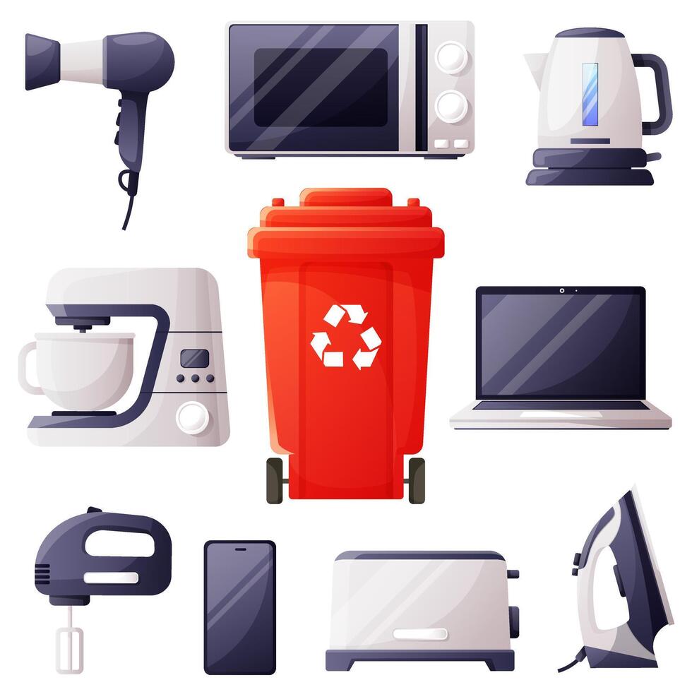 Garbage container for household waste. Recycling of electronics and household appliances, management of electronic waste, used technologies, environmental pollution, landfill of electrical waste. vector