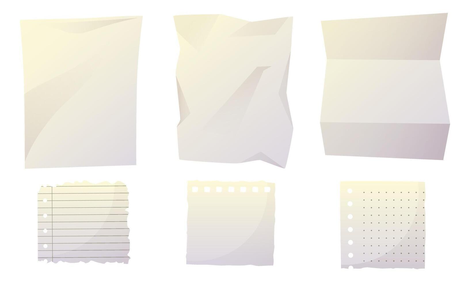 A set of white crumpled paper with creases, a torn out lined page, a torn out sheet with dots. A sheet from a notepad with torn edges, a torn out note with a damaged border. vector