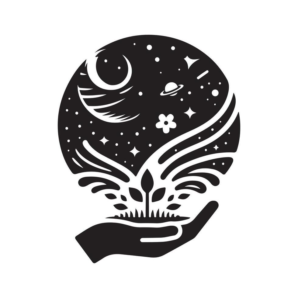 Floating Garden in Space Black Silhouette Design vector