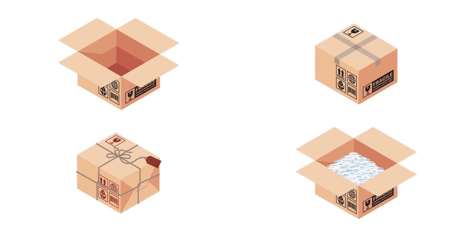 ISOMETRIC DELIVERY PACKAGE BOX. SQUARE AND LARGE BOX SIZE ILLUSTRATION vector