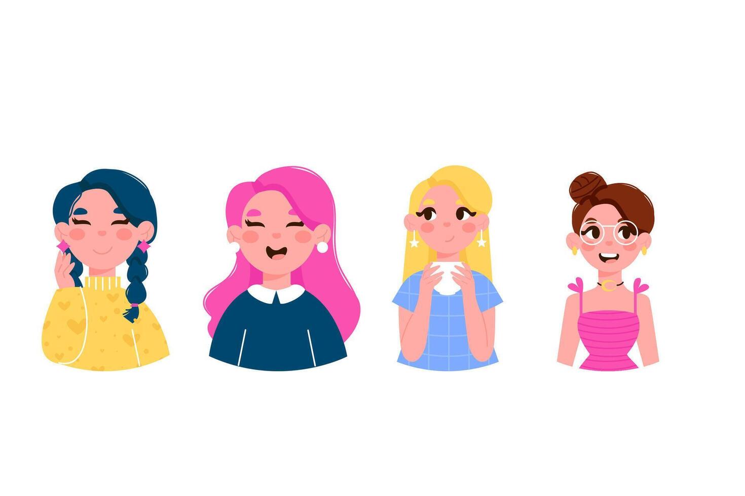 Set of different avatar characters of women girls with different emotions vector