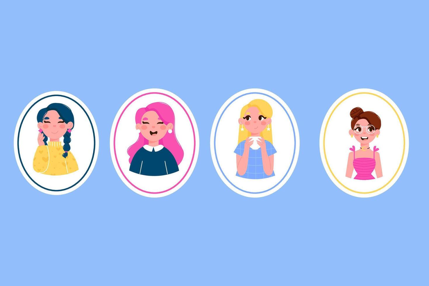 Set of stickers of different characters avatars of women girls with different emotions vector