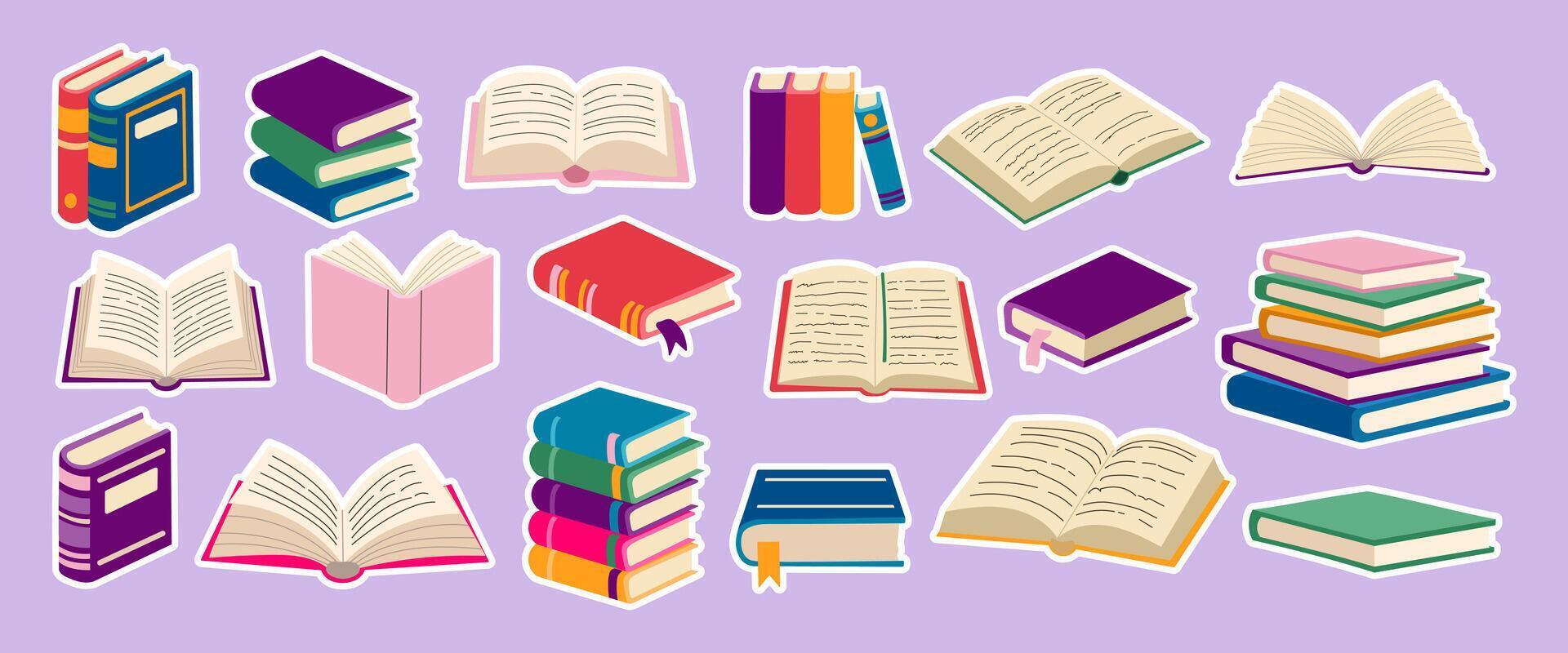A stickers collection of books with different colors and sizes. The books are open and some are stacked on top of each other. Concept of knowledge and learning, as well as the importance of reading vector