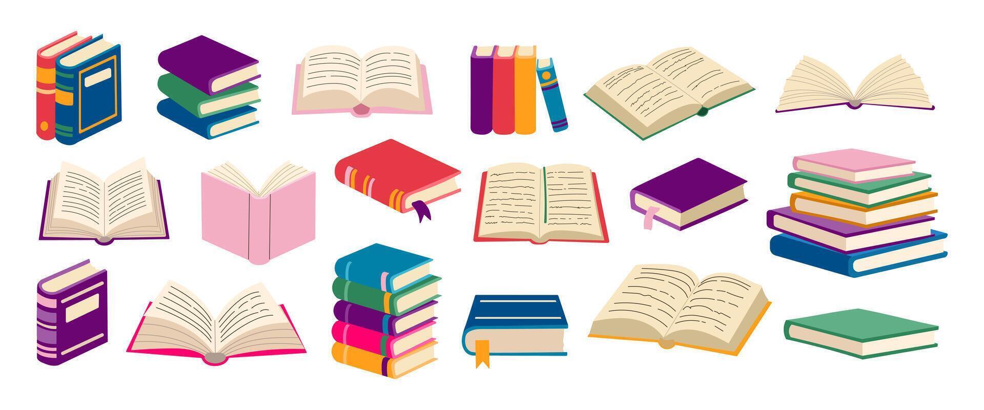 A collection of books with different colors and sizes. The books are open and some are stacked on top of each other. Concept of knowledge and learning, as well as the importance of reading vector