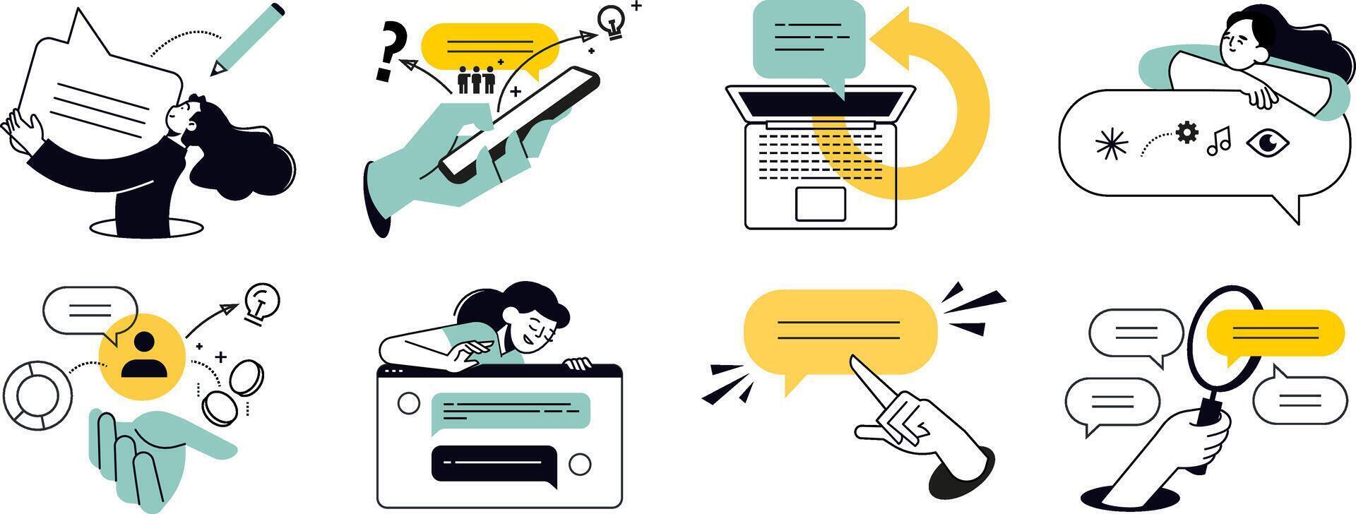 Communication concepts. illustrations of social media, networking, support, community, chatting, online communication, app and services, rating and review, conversation. vector