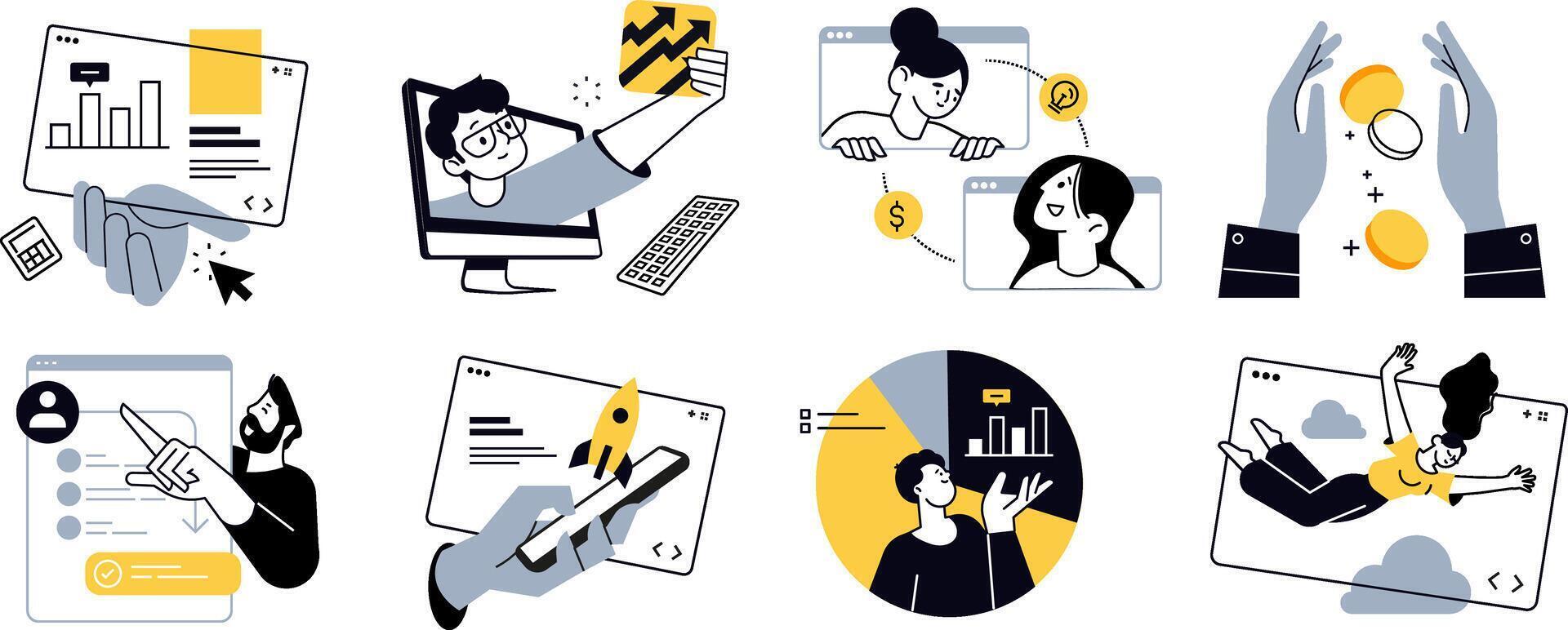 Business and technology illustrations. Concepts of web design and development, startup and online business, seo, app development, e-commerce, strategy and planning, communication. vector