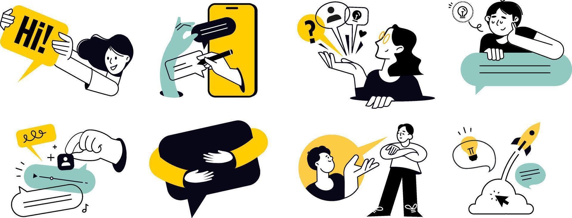 Communication. Illustrations of social media, networking, support, community, chatting, online communication, app and services, rating and review, conversation. vector